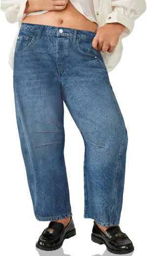 Beautife Womens Plus Size Barrel Jeans Baggy Boyfriend Mid Rise Wide Leg Cropped Ankle Horseshoe Denim Pants