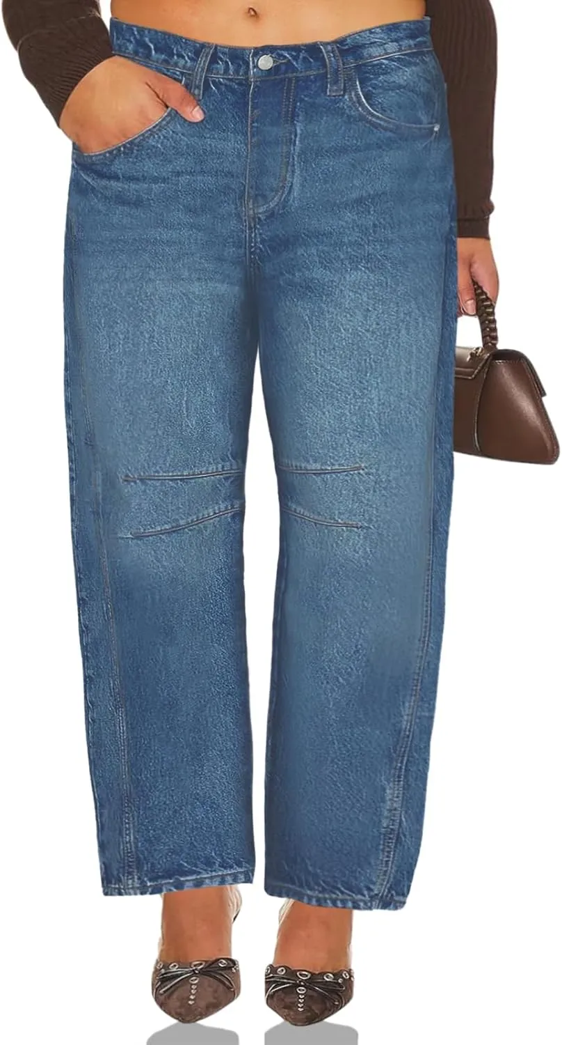 Beautife Womens Plus Size Barrel Jeans Baggy Boyfriend Mid Rise Wide Leg Cropped Ankle Horseshoe Denim Pants