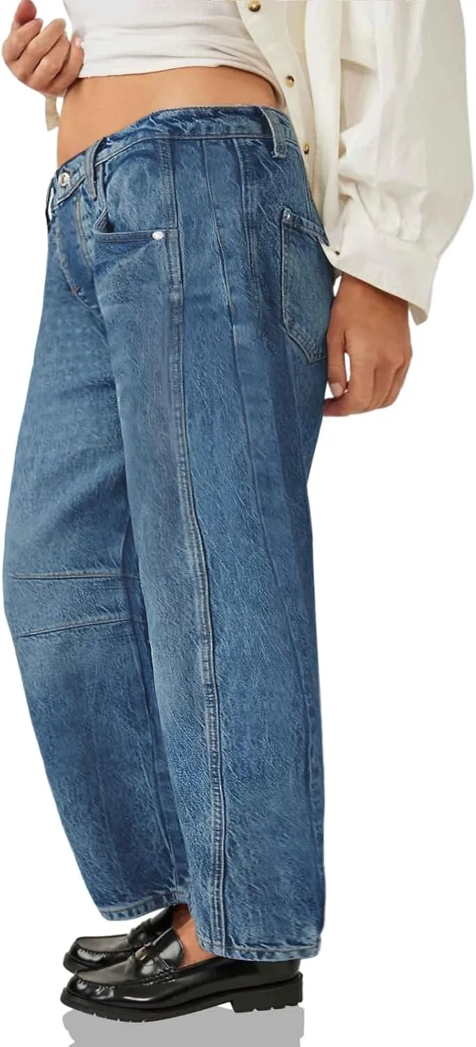 Beautife Womens Plus Size Barrel Jeans Baggy Boyfriend Mid Rise Wide Leg Cropped Ankle Horseshoe Denim Pants