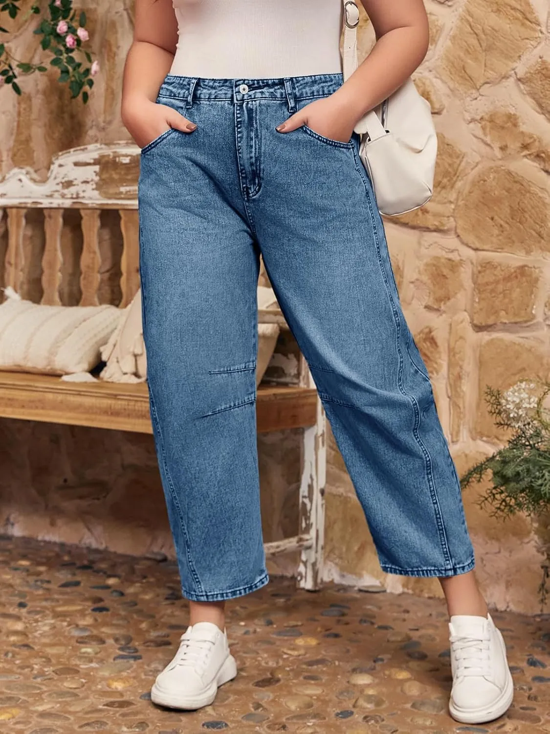 Beautife Womens Plus Size Barrel Jeans Baggy Boyfriend Mid Rise Wide Leg Cropped Ankle Horseshoe Denim Pants