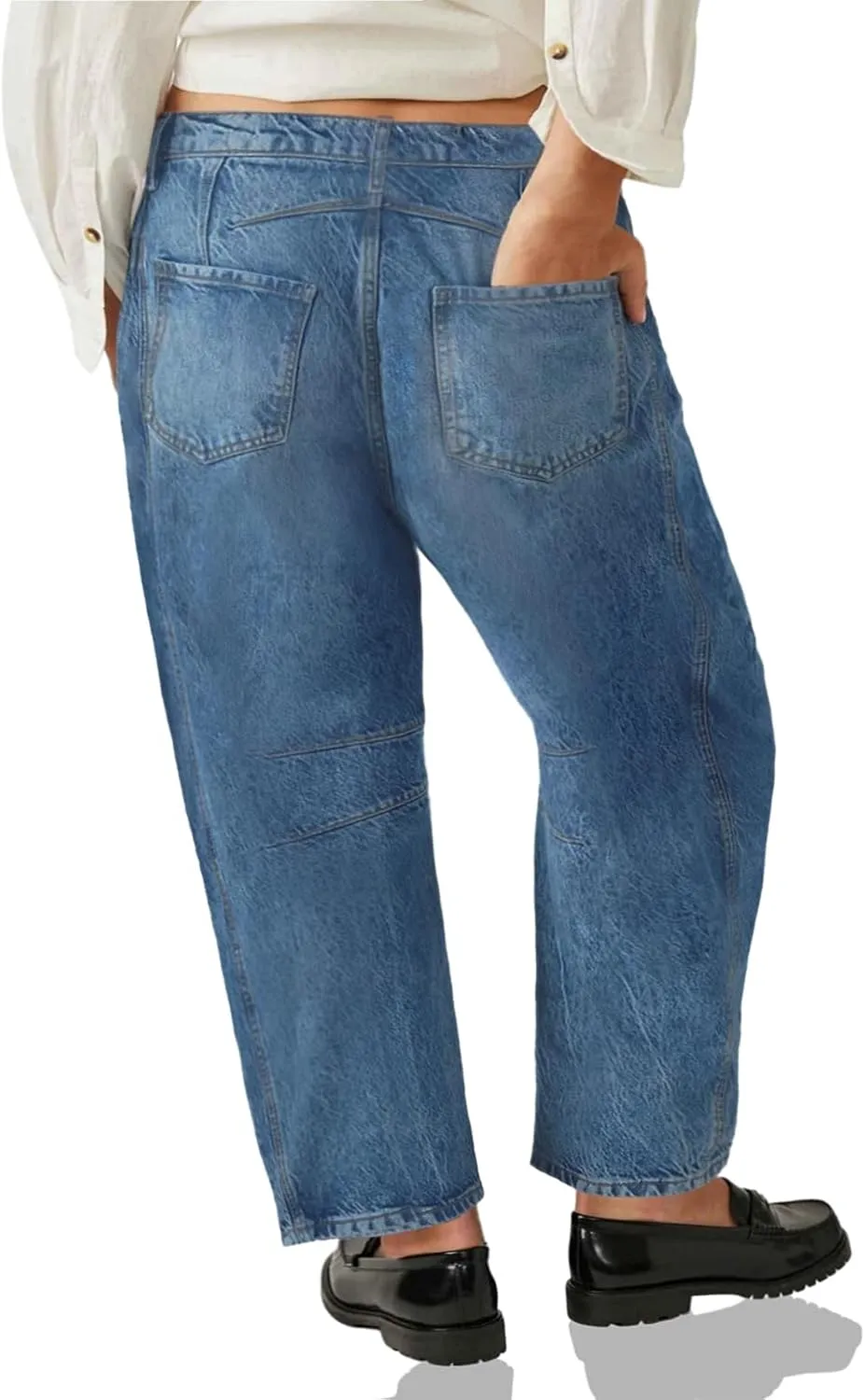 Beautife Womens Plus Size Barrel Jeans Baggy Boyfriend Mid Rise Wide Leg Cropped Ankle Horseshoe Denim Pants