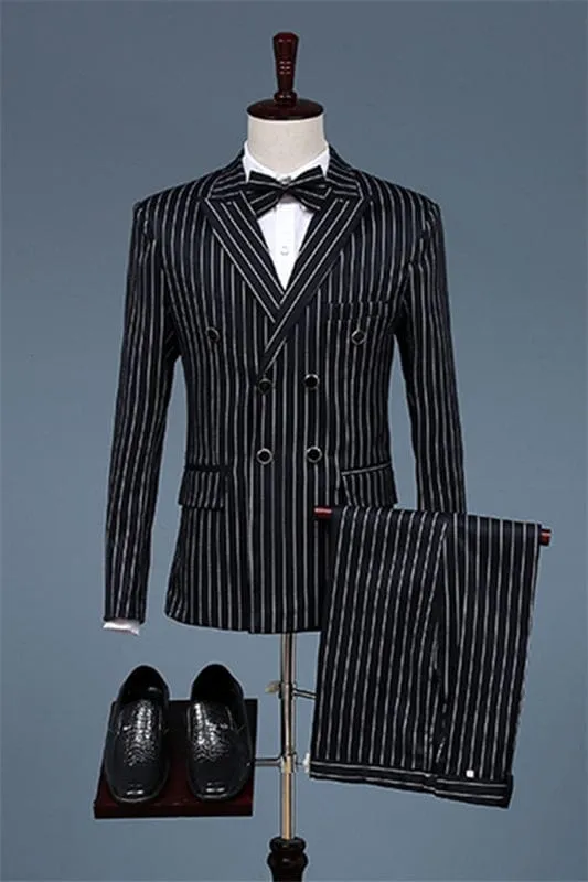 Black Double Breasted Striped Business Suits with Peaked Lapel Two Pieces Prom Suits