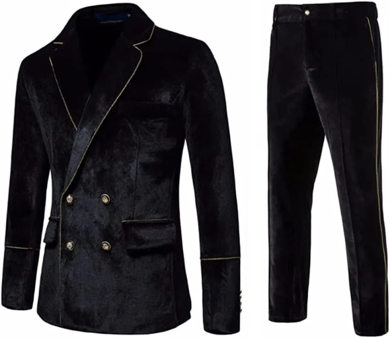 Black Notched Lapel Double Breasted Velvet Prom Suits Two Pieces Tuxedos