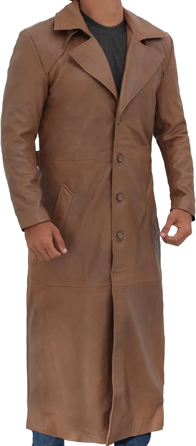 Blingsoul Leather Trench Coat Men - Real Leather Long Overcoat for Mens