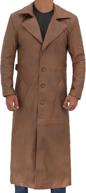 Blingsoul Leather Trench Coat Men - Real Leather Long Overcoat for Mens