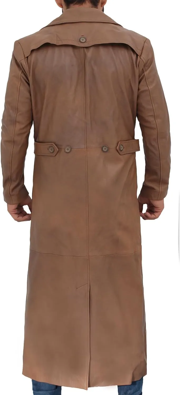Blingsoul Leather Trench Coat Men - Real Leather Long Overcoat for Mens