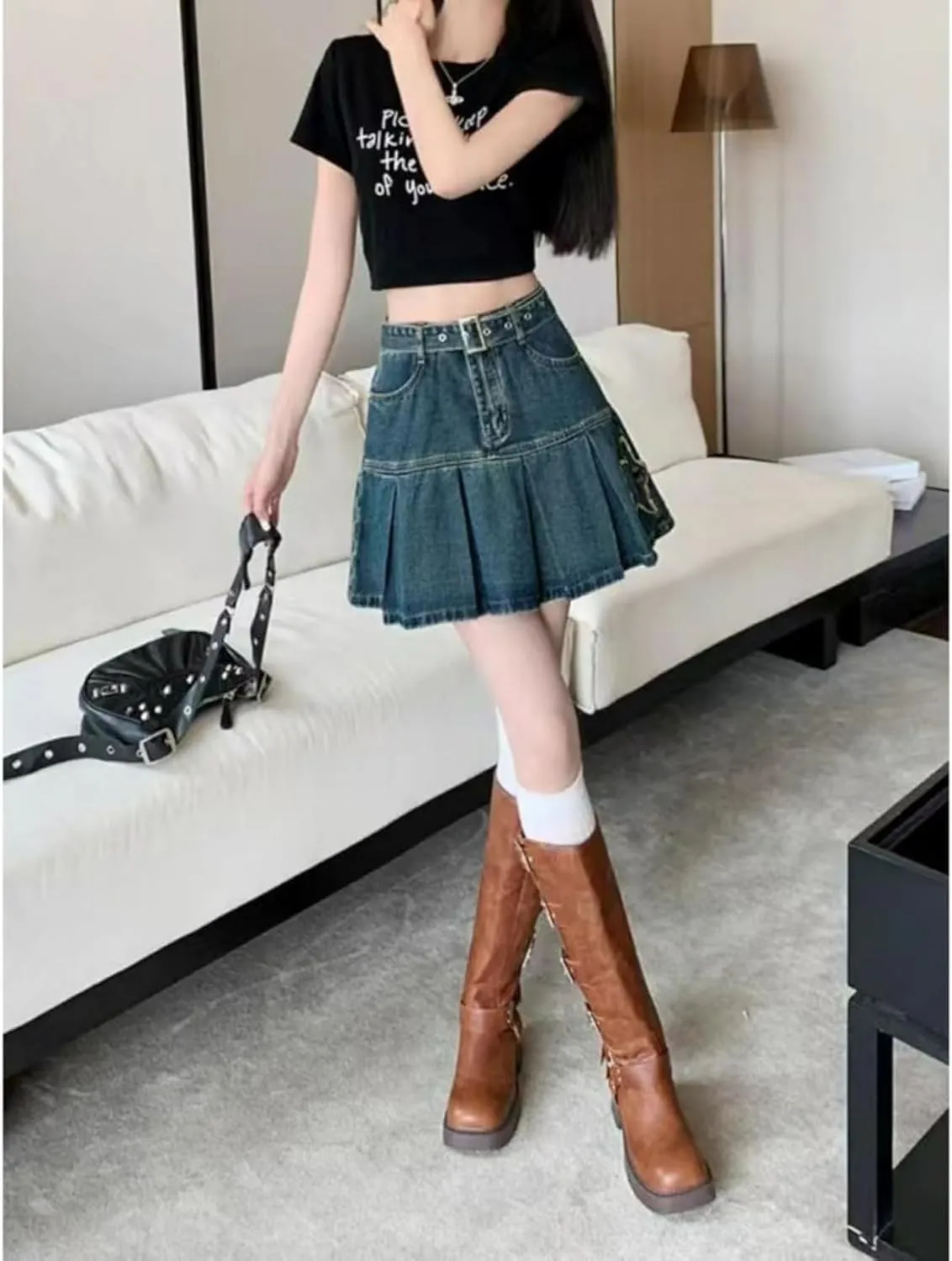 Blue Skirt Denim Patchwork Vintage Floral Print Star High Waisted Skirt Pleated Streetwear Mini Skirt