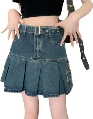 Blue Skirt Denim Patchwork Vintage Floral Print Star High Waisted Skirt Pleated Streetwear Mini Skirt