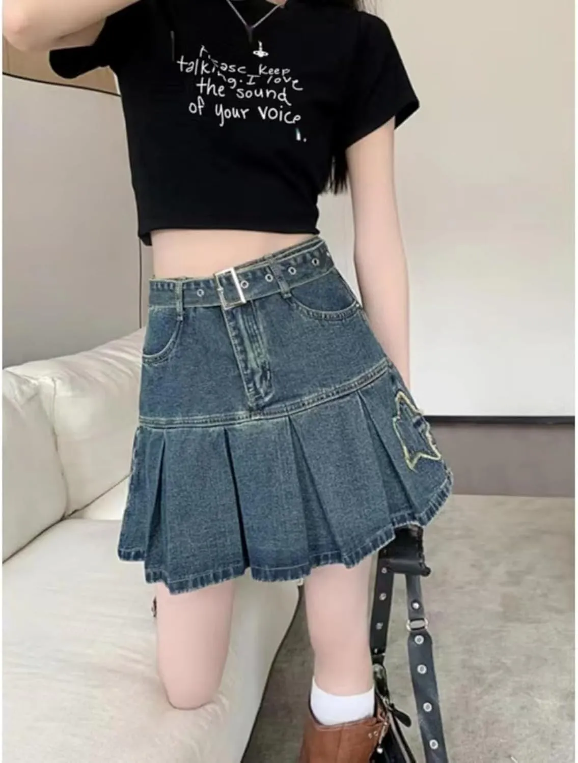 Blue Skirt Denim Patchwork Vintage Floral Print Star High Waisted Skirt Pleated Streetwear Mini Skirt