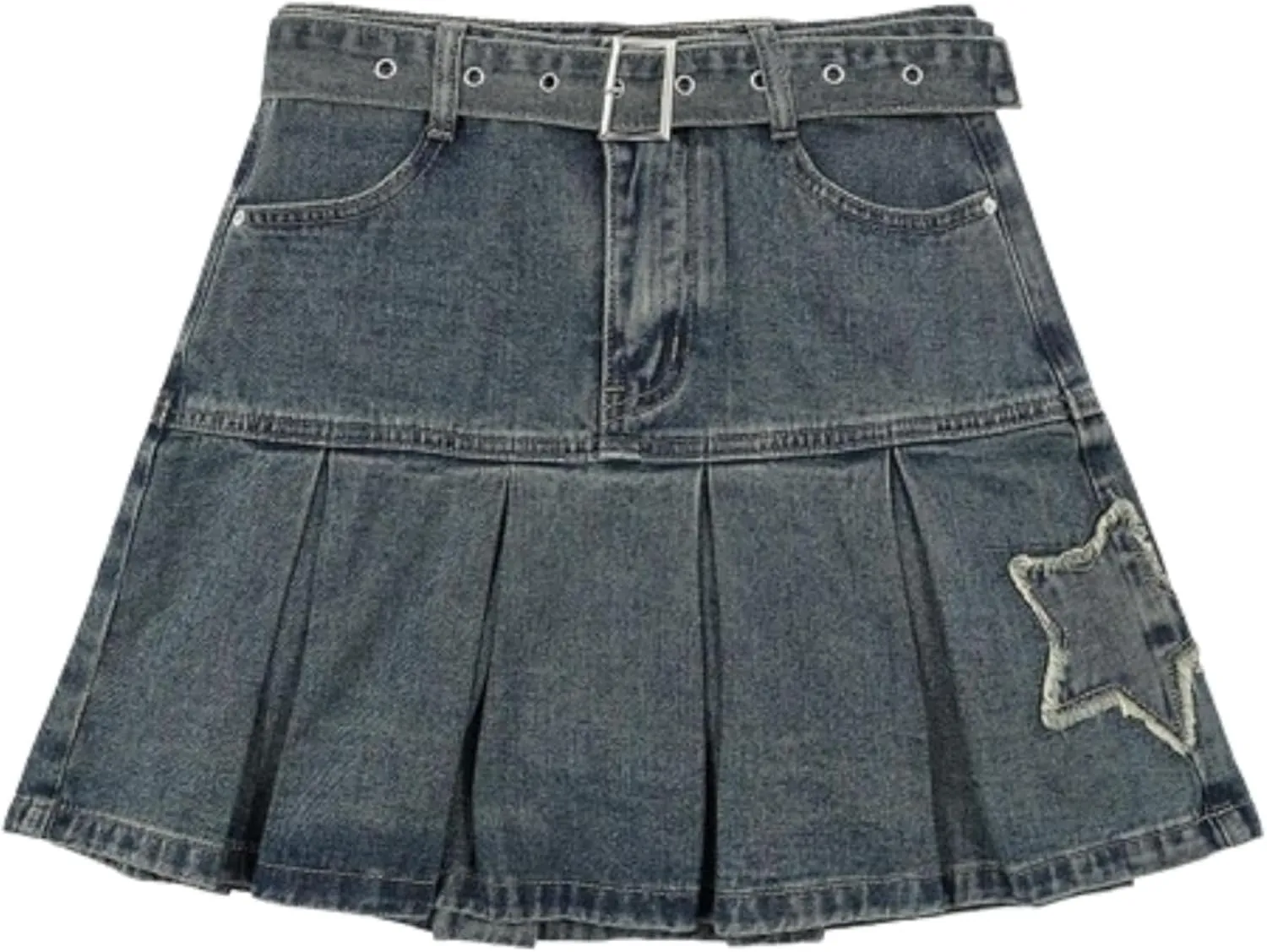 Blue Skirt Denim Patchwork Vintage Floral Print Star High Waisted Skirt Pleated Streetwear Mini Skirt