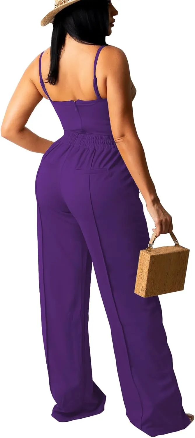 Bluewolfsea Women Sexy 2 Piece Outfits Jumpsuit Summer Sleeveless Cami Crop Top Wide Leg Long Pants Set