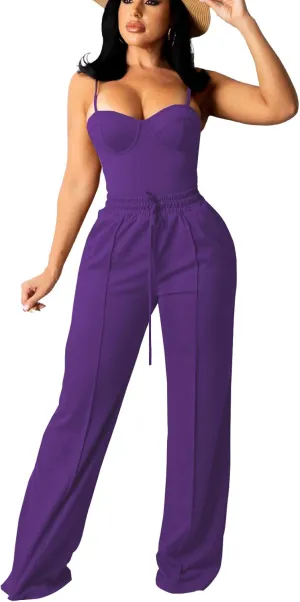 Bluewolfsea Women Sexy 2 Piece Outfits Jumpsuit Summer Sleeveless Cami Crop Top Wide Leg Long Pants Set