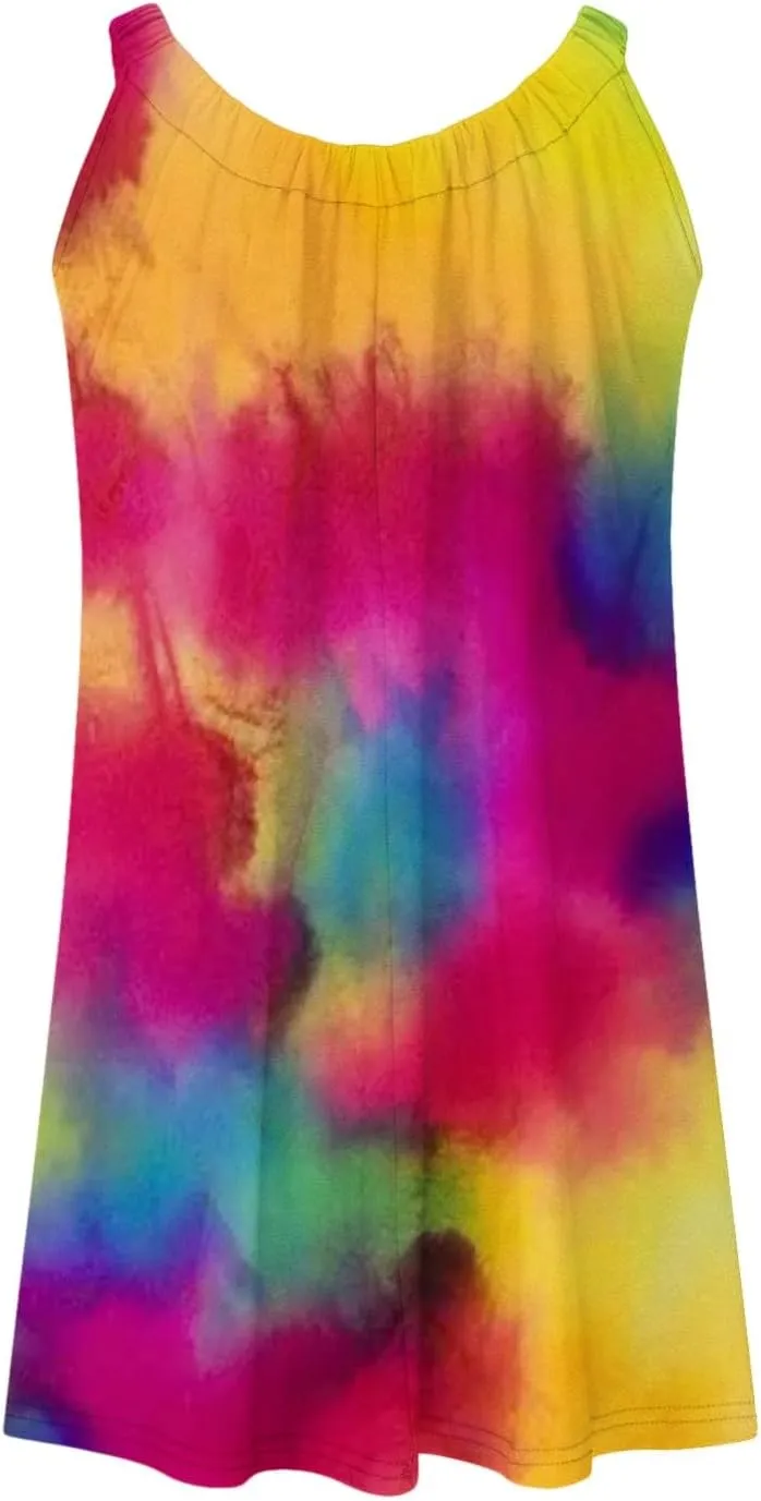 Boho Dresses for Women 2024 Printed Crewneck Sleeveless Sexy Mini Dress Beach Vacation Sundress Flowy Swing Cover Ups