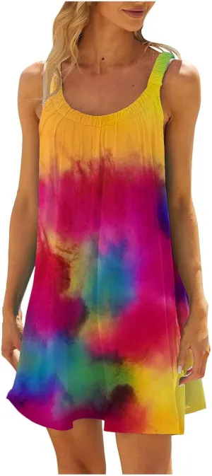 Boho Dresses for Women 2024 Printed Crewneck Sleeveless Sexy Mini Dress Beach Vacation Sundress Flowy Swing Cover Ups