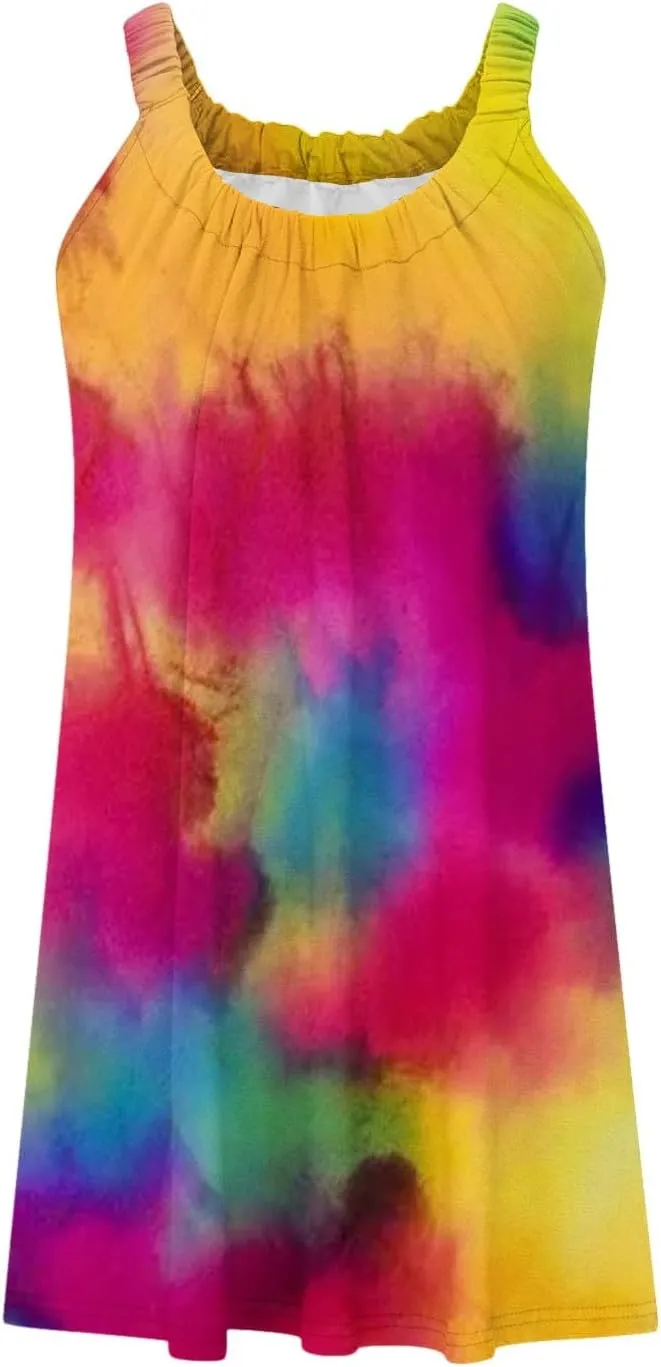 Boho Dresses for Women 2024 Printed Crewneck Sleeveless Sexy Mini Dress Beach Vacation Sundress Flowy Swing Cover Ups