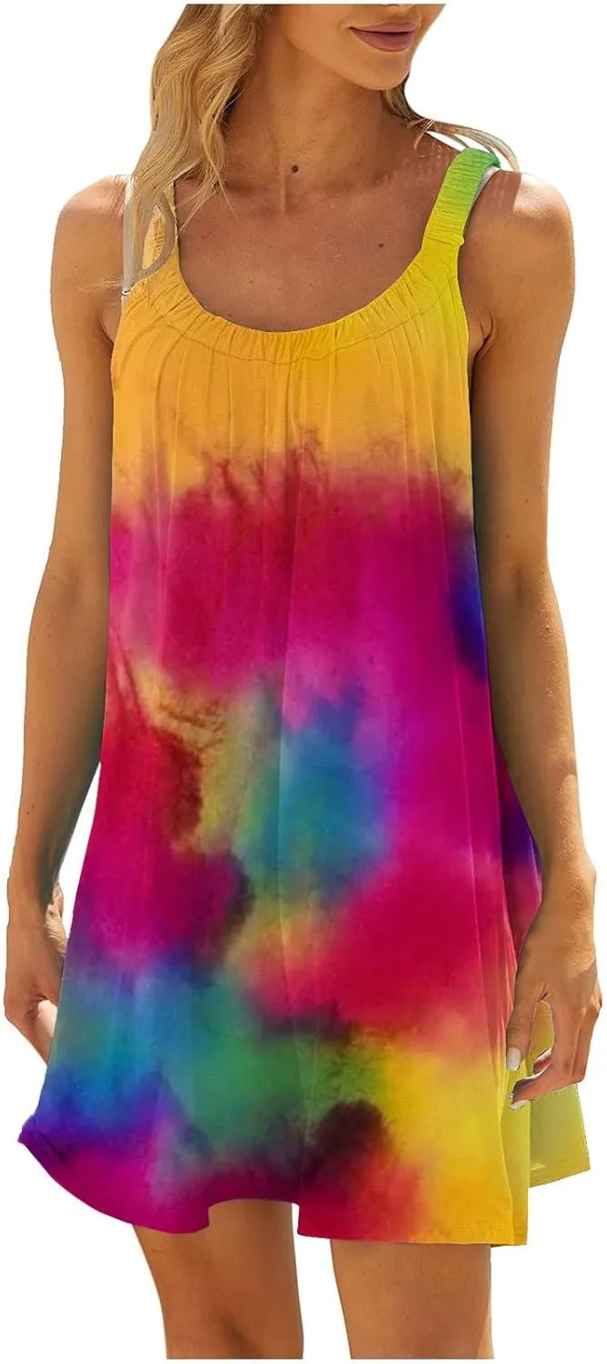 Boho Dresses for Women 2024 Printed Crewneck Sleeveless Sexy Mini Dress Beach Vacation Sundress Flowy Swing Cover Ups