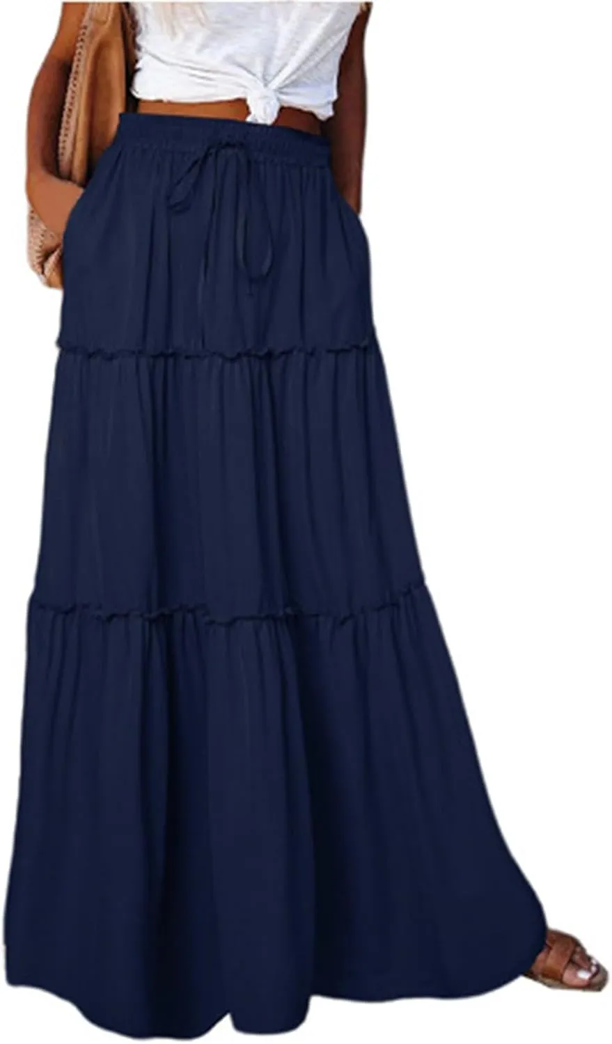 Boho Long Skirts for Women Summer Drawstring High Waisted Tiered Flowy Maxi Skirt Casual Beach Bohemian A-Line Skirt