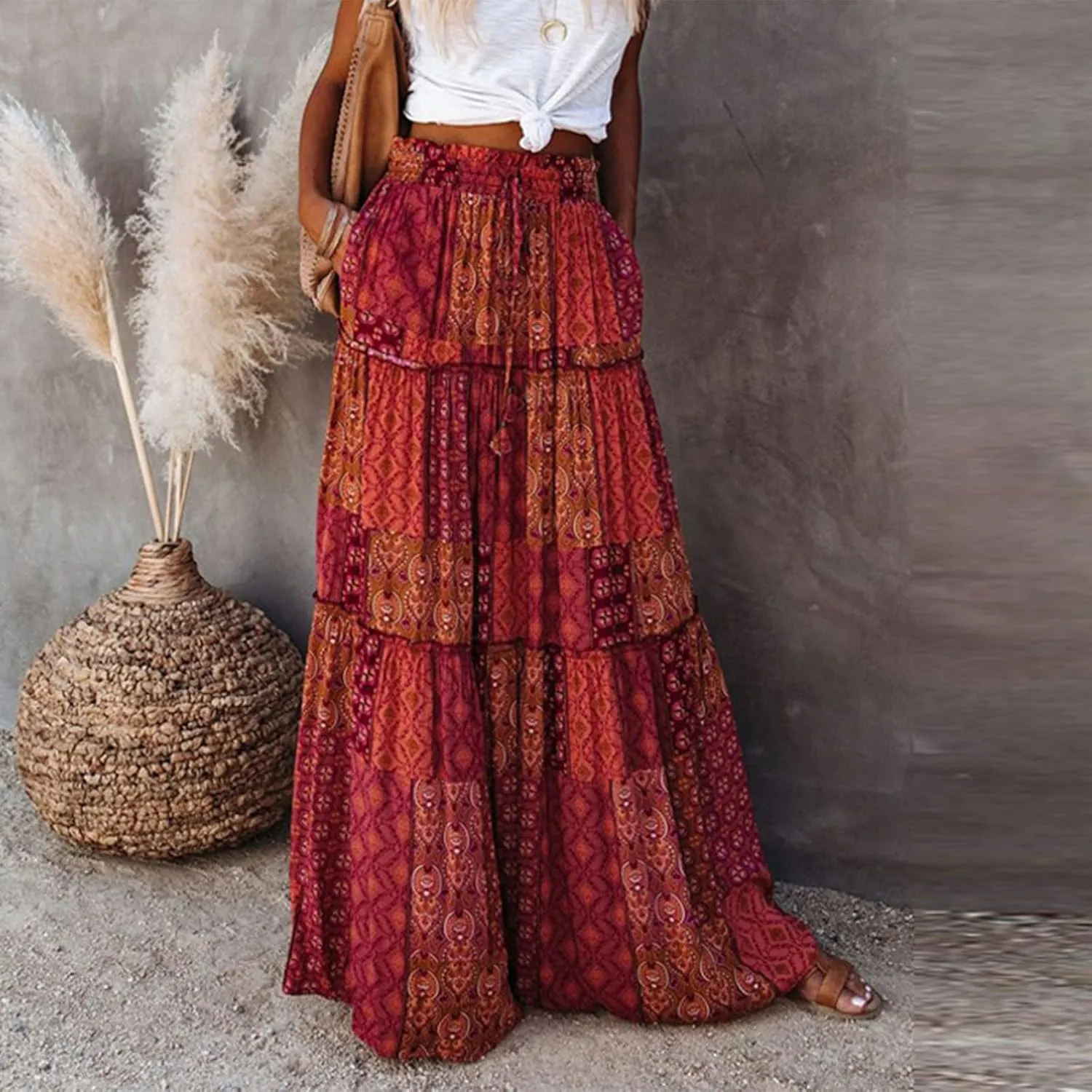 Boho Long Skirts for Women Summer Drawstring High Waisted Tiered Flowy Maxi Skirt Casual Beach Bohemian A-Line Skirt