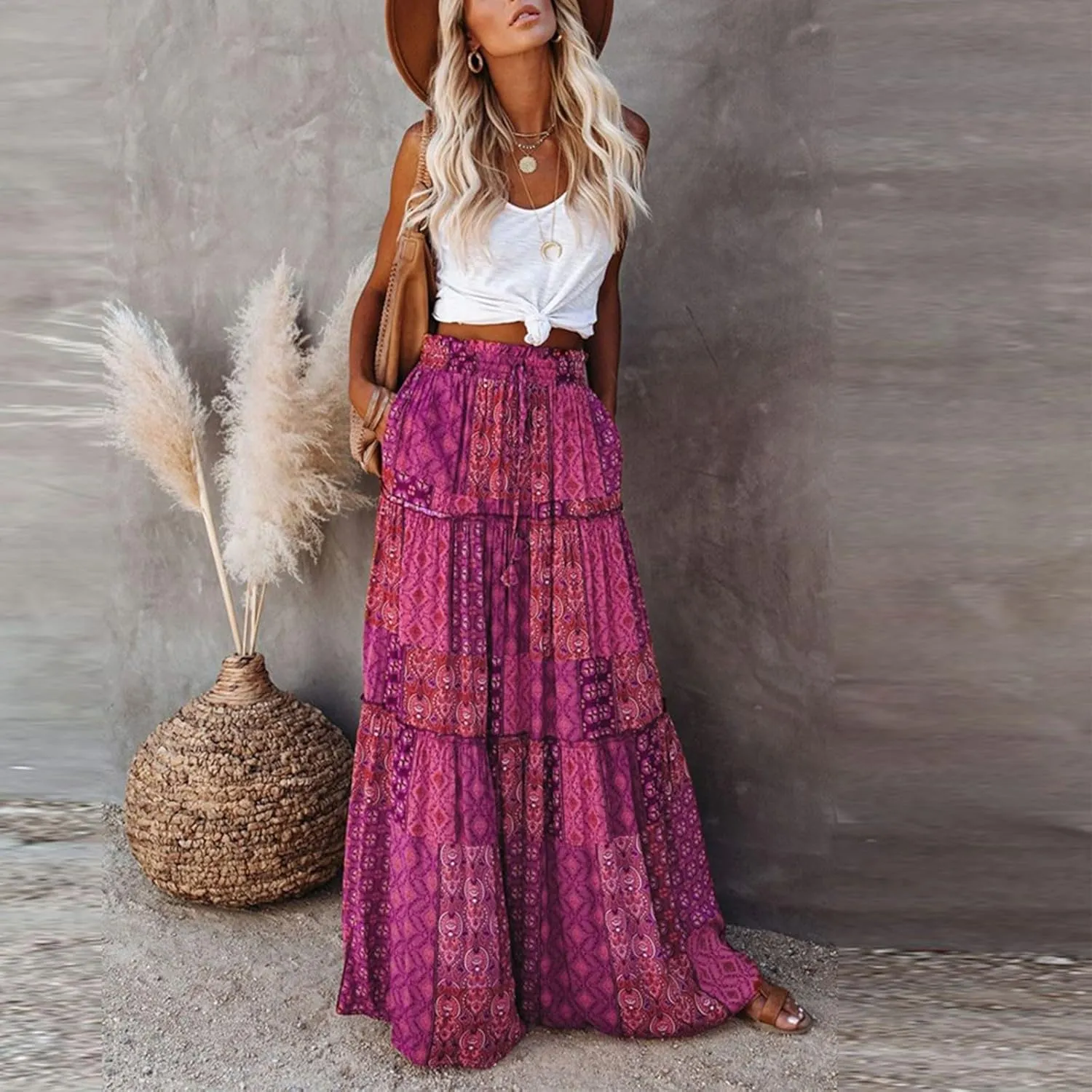 Boho Long Skirts for Women Summer Drawstring High Waisted Tiered Flowy Maxi Skirt Casual Beach Bohemian A-Line Skirt