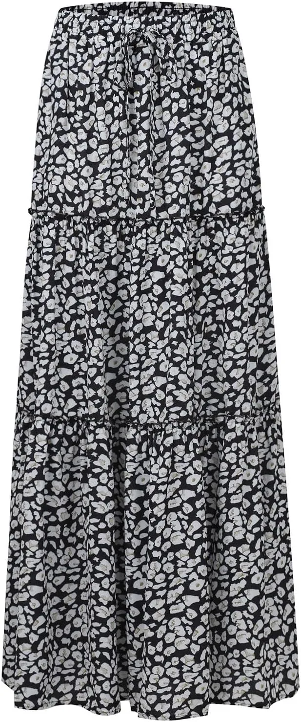 Boho Long Skirts for Women Summer Drawstring High Waisted Tiered Flowy Maxi Skirt Casual Beach Bohemian A-Line Skirt