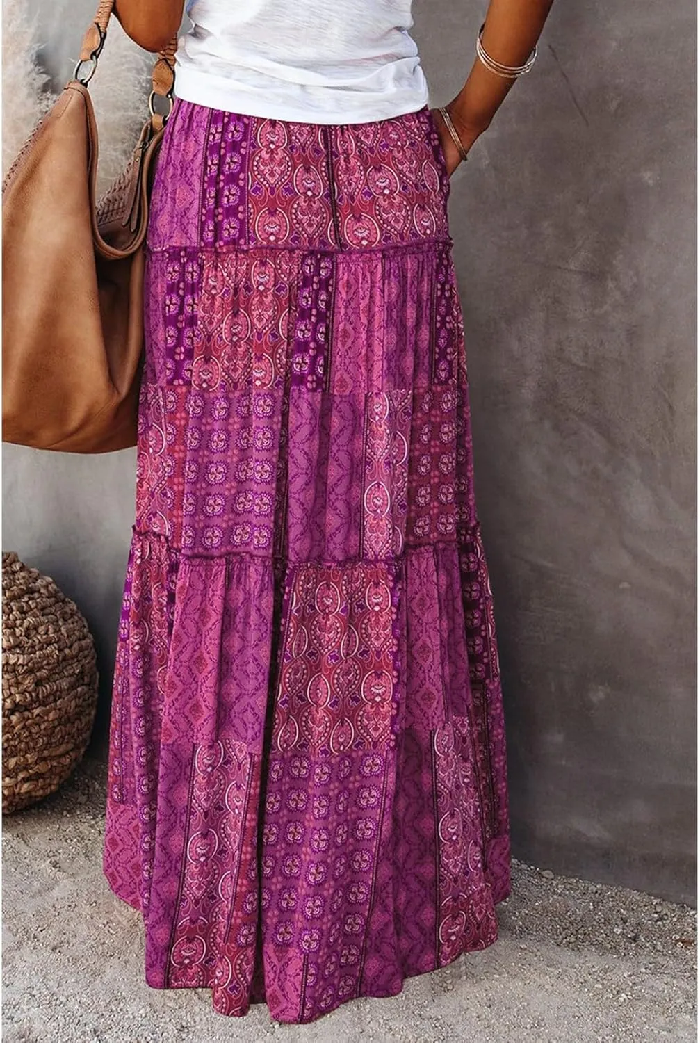Boho Long Skirts for Women Summer Drawstring High Waisted Tiered Flowy Maxi Skirt Casual Beach Bohemian A-Line Skirt