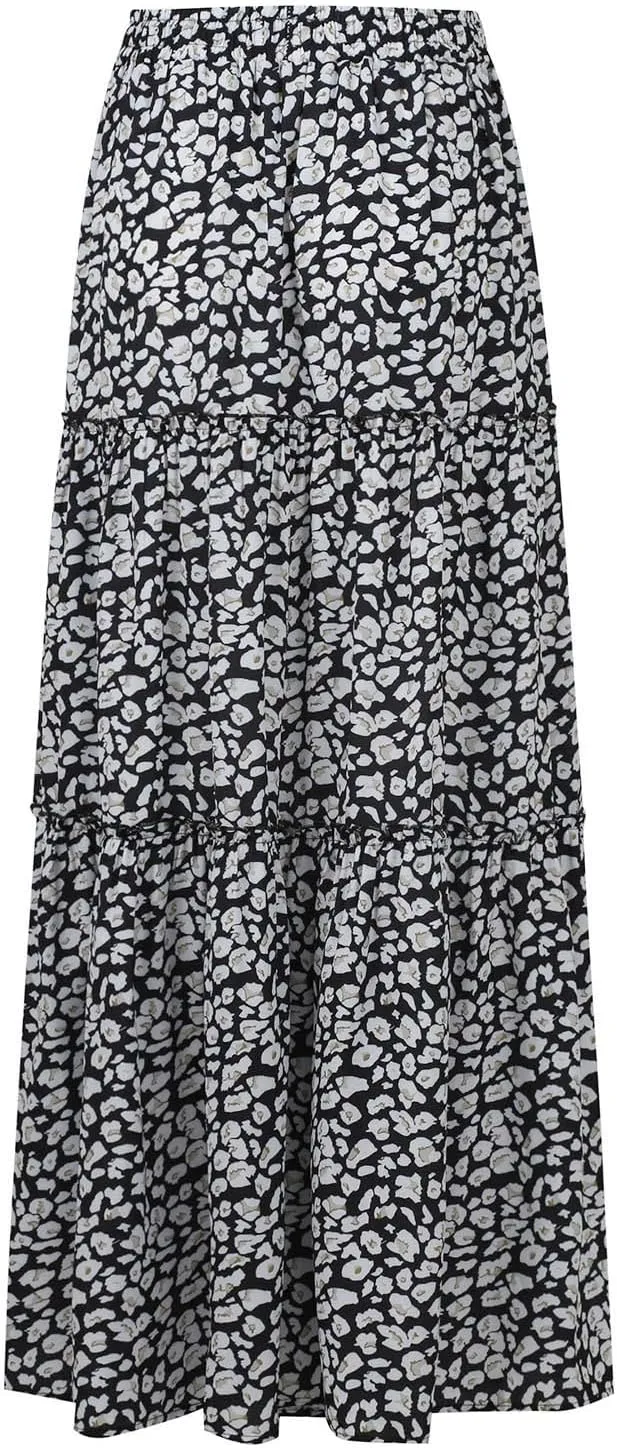 Boho Long Skirts for Women Summer Drawstring High Waisted Tiered Flowy Maxi Skirt Casual Beach Bohemian A-Line Skirt