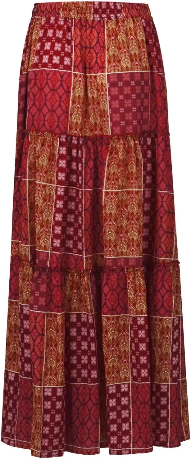Boho Long Skirts for Women Summer Drawstring High Waisted Tiered Flowy Maxi Skirt Casual Beach Bohemian A-Line Skirt