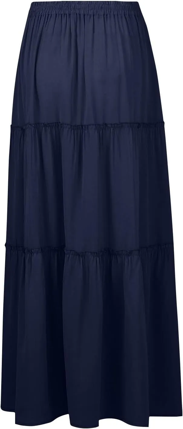 Boho Long Skirts for Women Summer Drawstring High Waisted Tiered Flowy Maxi Skirt Casual Beach Bohemian A-Line Skirt