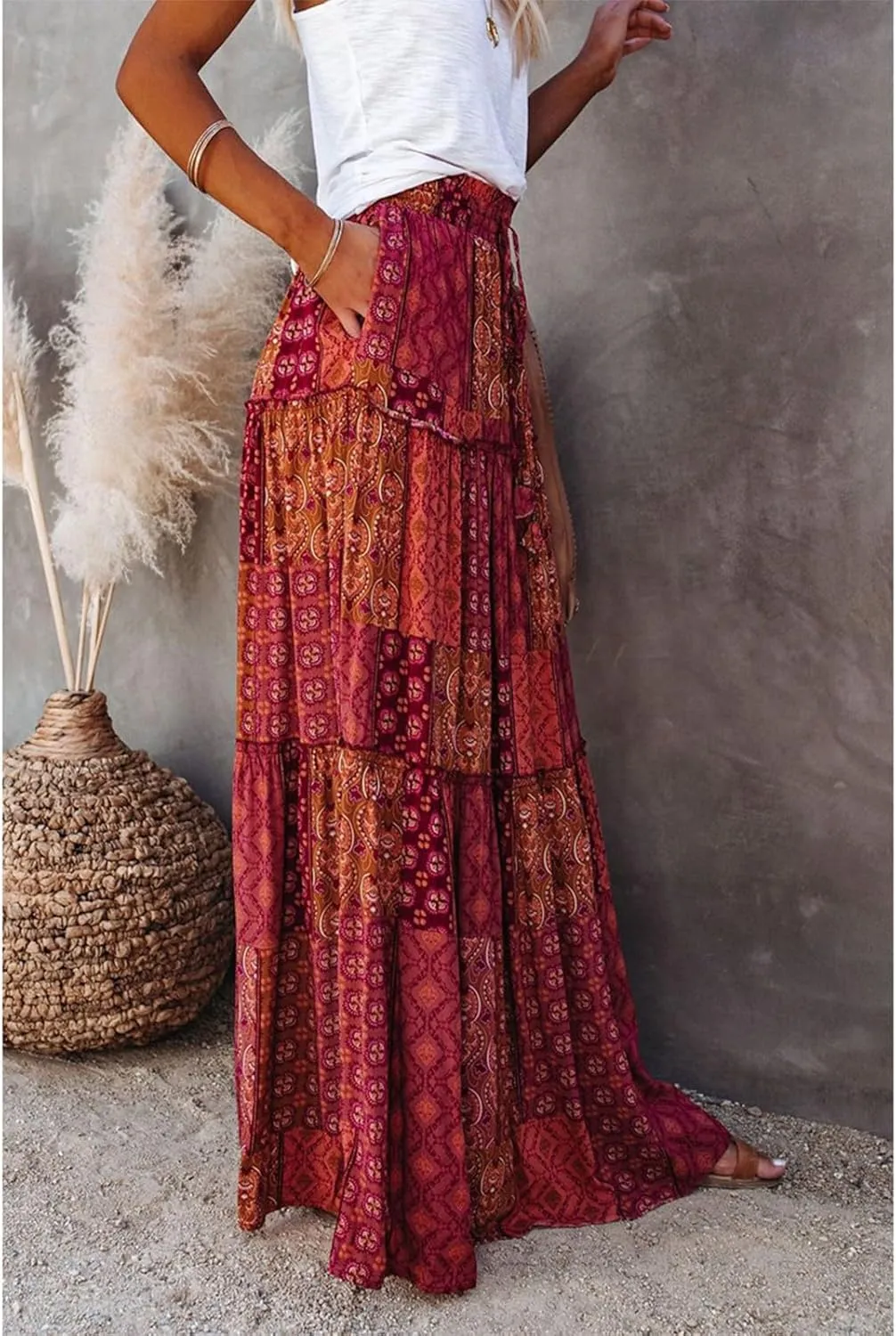 Boho Long Skirts for Women Summer Drawstring High Waisted Tiered Flowy Maxi Skirt Casual Beach Bohemian A-Line Skirt