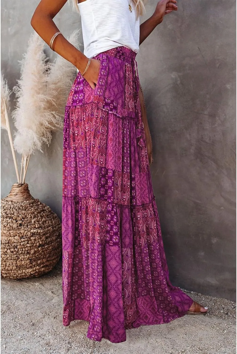 Boho Long Skirts for Women Summer Drawstring High Waisted Tiered Flowy Maxi Skirt Casual Beach Bohemian A-Line Skirt