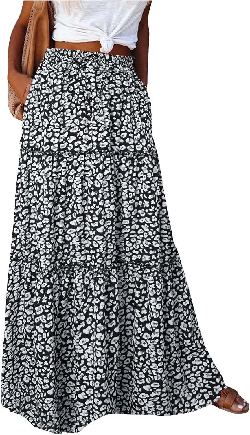 Boho Long Skirts for Women Summer Drawstring High Waisted Tiered Flowy Maxi Skirt Casual Beach Bohemian A-Line Skirt