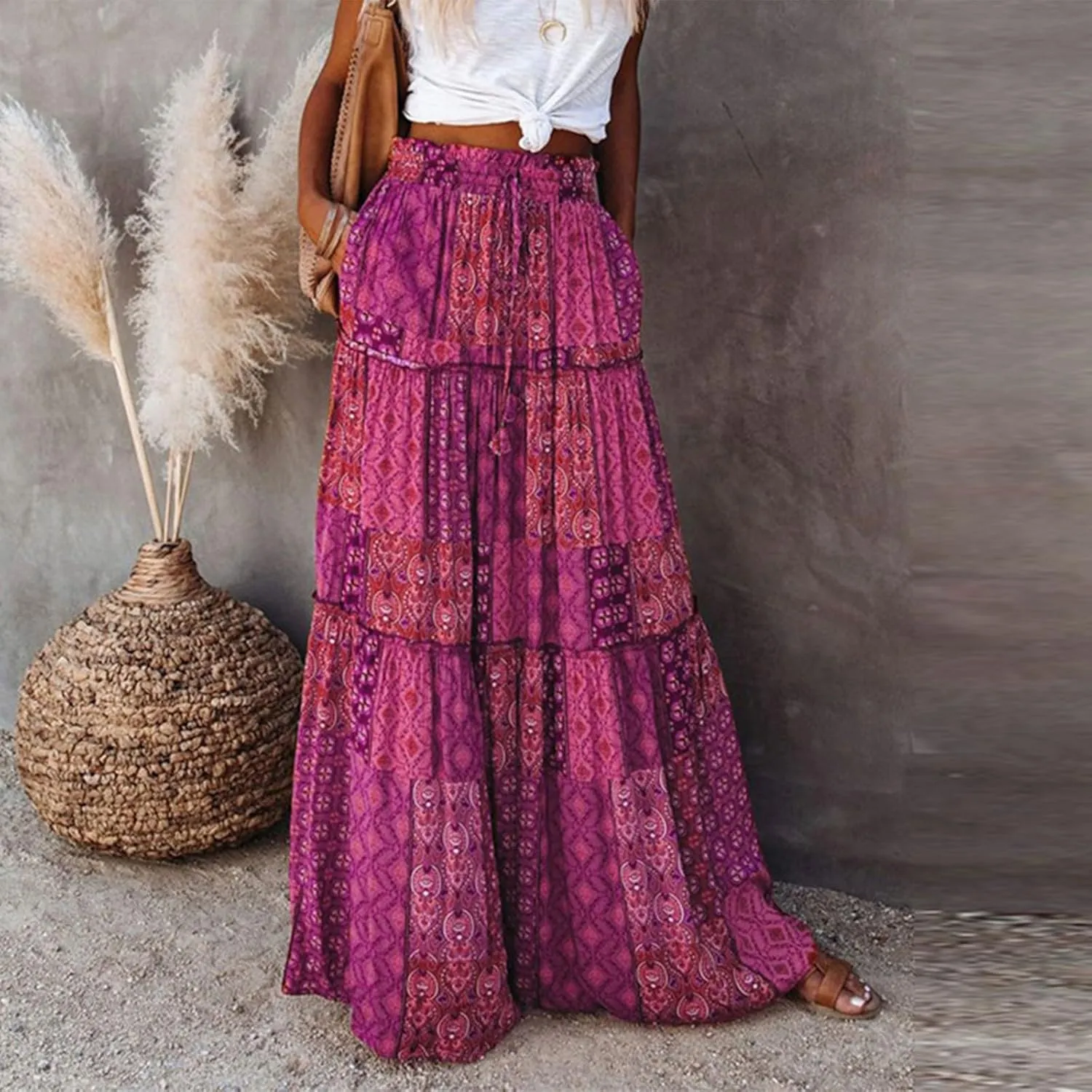 Boho Long Skirts for Women Summer Drawstring High Waisted Tiered Flowy Maxi Skirt Casual Beach Bohemian A-Line Skirt