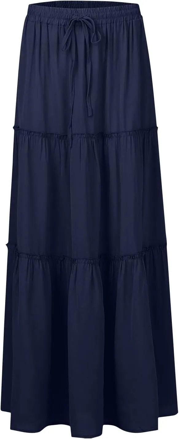 Boho Long Skirts for Women Summer Drawstring High Waisted Tiered Flowy Maxi Skirt Casual Beach Bohemian A-Line Skirt