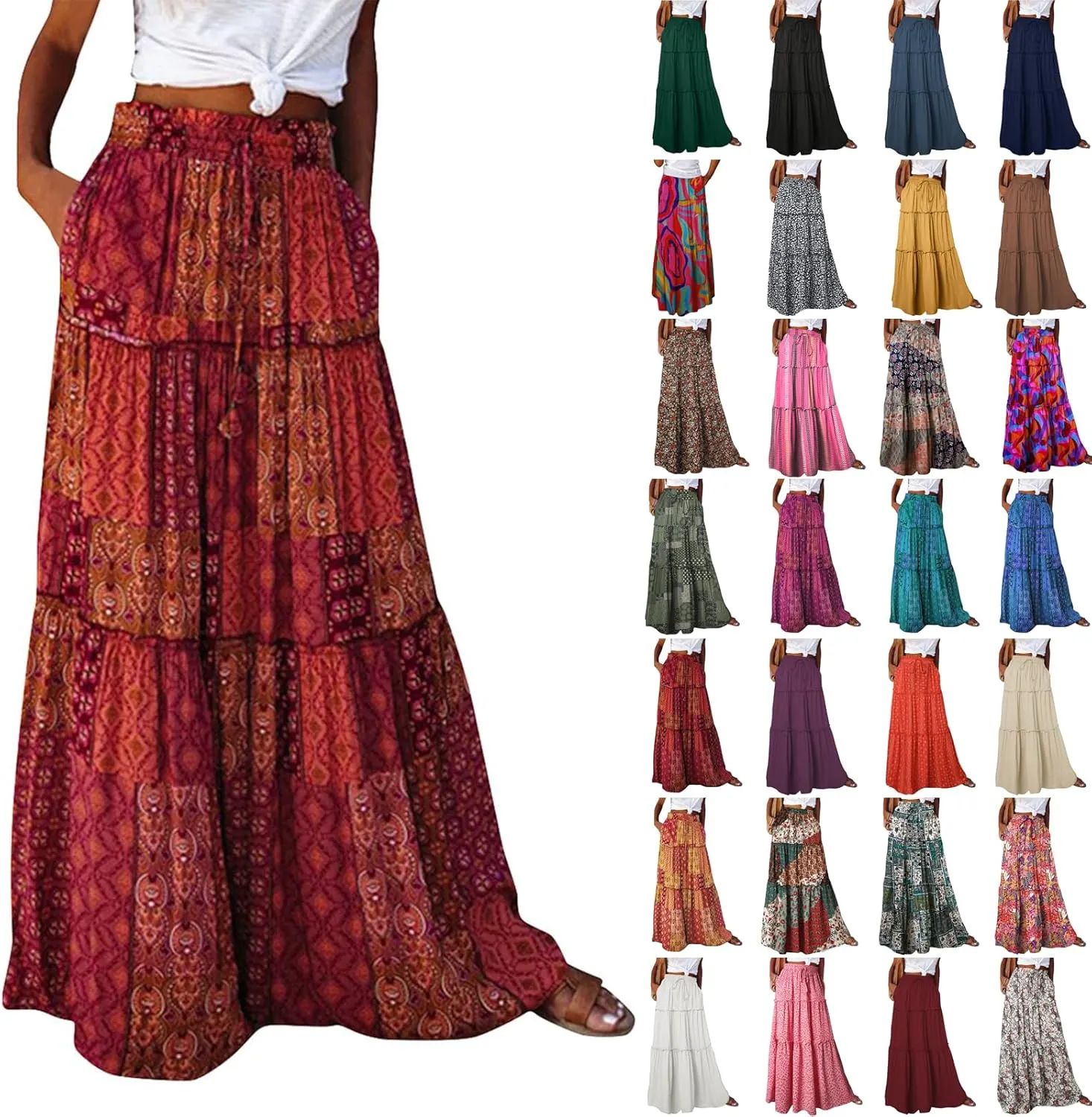 Boho Long Skirts for Women Summer Drawstring High Waisted Tiered Flowy Maxi Skirt Casual Beach Bohemian A-Line Skirt