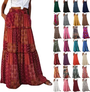Boho Long Skirts for Women Summer Drawstring High Waisted Tiered Flowy Maxi Skirt Casual Beach Bohemian A-Line Skirt