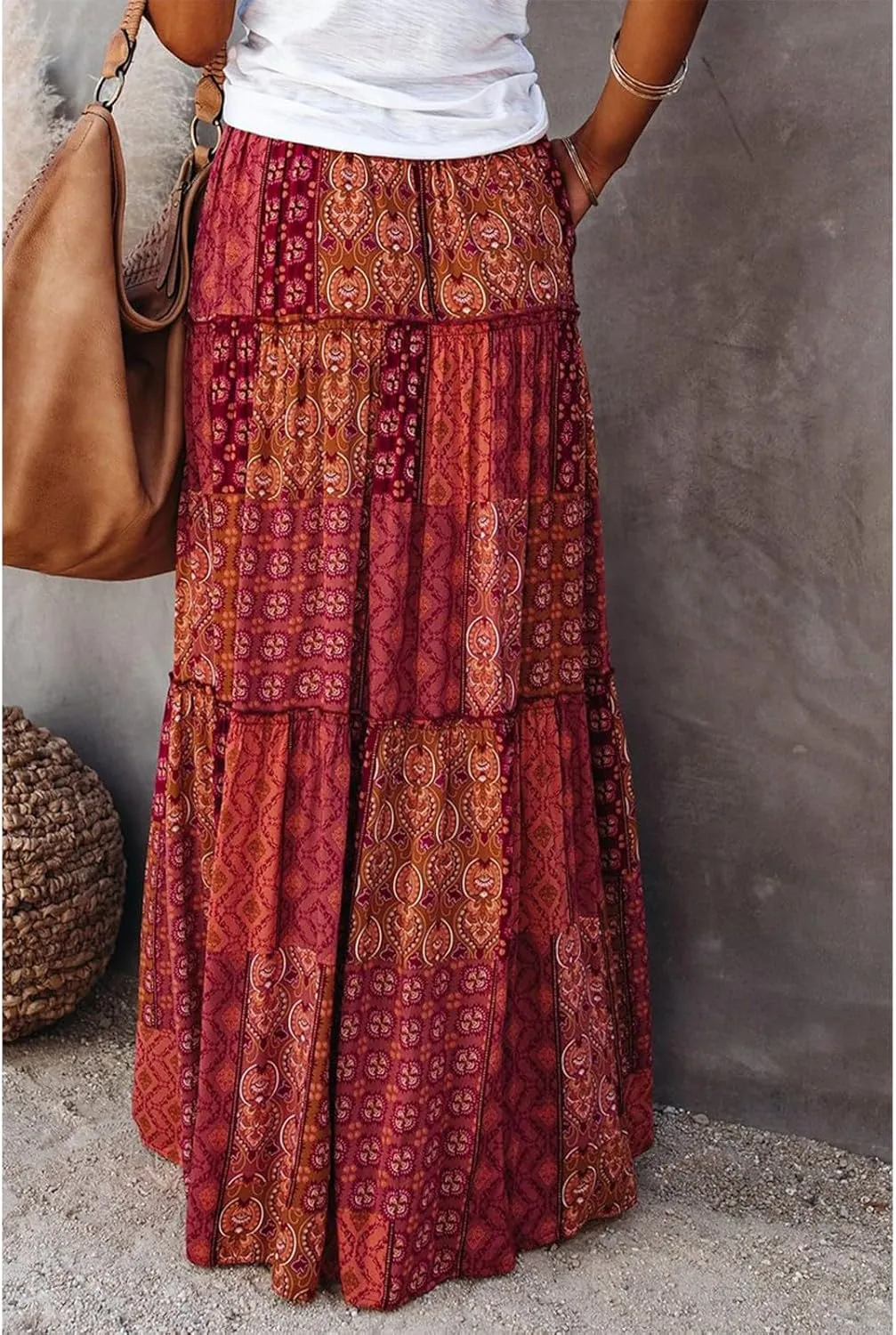 Boho Long Skirts for Women Summer Drawstring High Waisted Tiered Flowy Maxi Skirt Casual Beach Bohemian A-Line Skirt