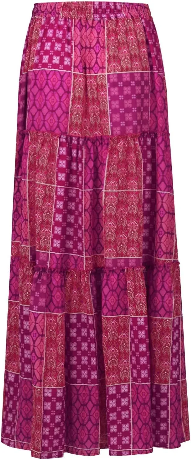 Boho Long Skirts for Women Summer Drawstring High Waisted Tiered Flowy Maxi Skirt Casual Beach Bohemian A-Line Skirt