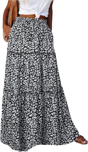 Boho Long Skirts for Women Summer Drawstring High Waisted Tiered Flowy Maxi Skirt Casual Beach Bohemian A-Line Skirt