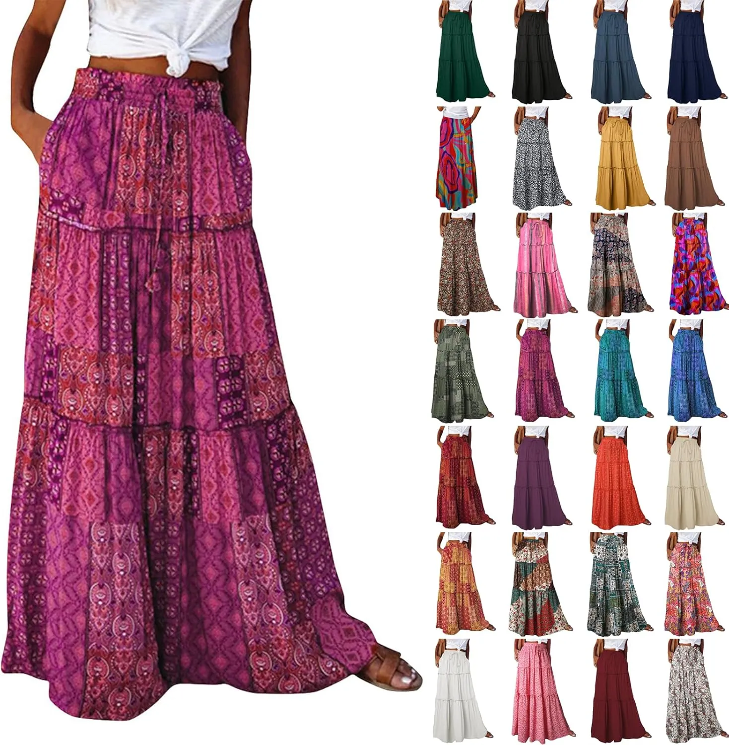 Boho Long Skirts for Women Summer Drawstring High Waisted Tiered Flowy Maxi Skirt Casual Beach Bohemian A-Line Skirt
