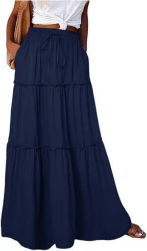 Boho Long Skirts for Women Summer Drawstring High Waisted Tiered Flowy Maxi Skirt Casual Beach Bohemian A-Line Skirt