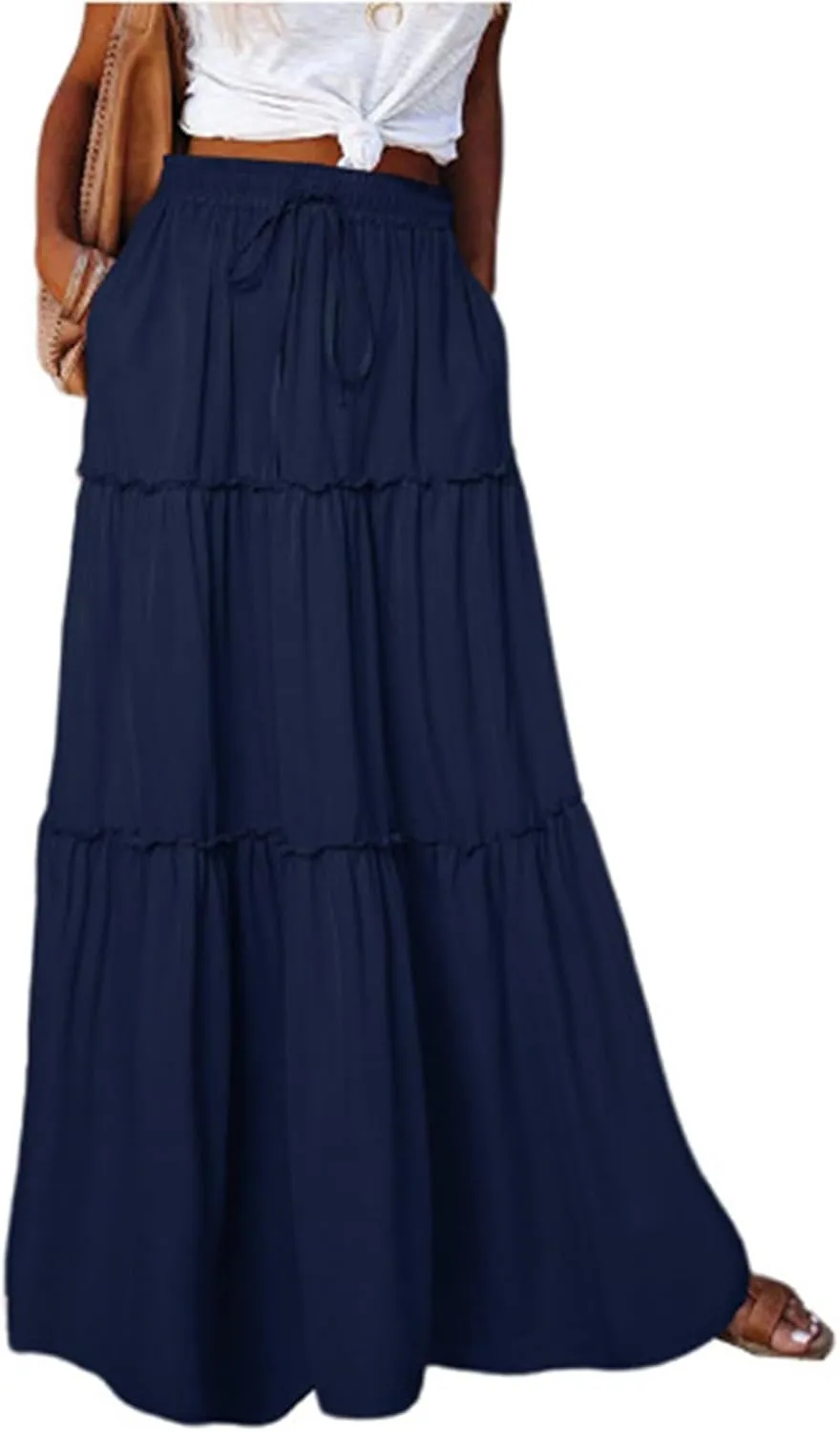 Boho Long Skirts for Women Summer Drawstring High Waisted Tiered Flowy Maxi Skirt Casual Beach Bohemian A-Line Skirt