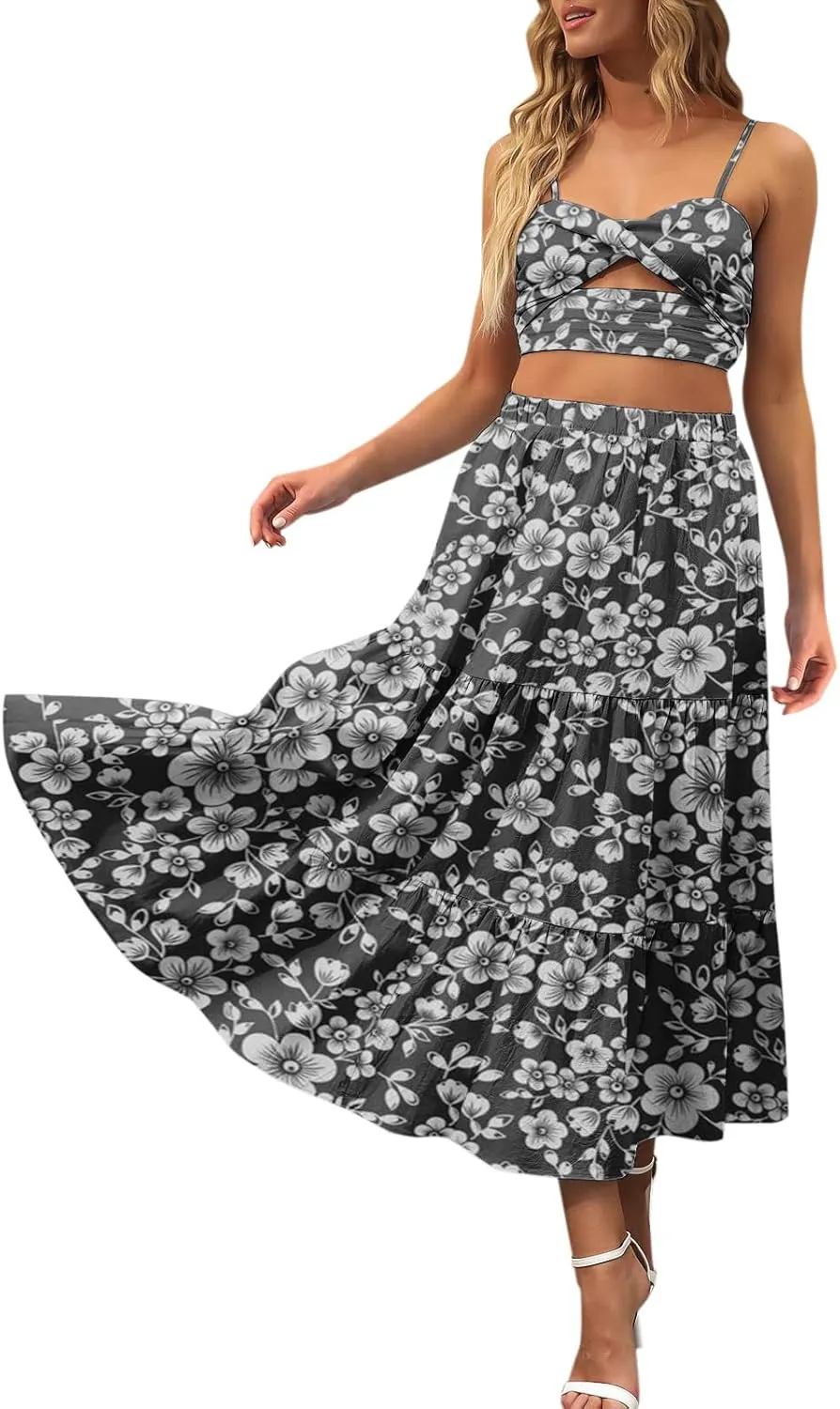 Boho Tiered Maxi Skirt Women Flowy Summer Beach Skirts Elastic Waistband Midi Skirt Floral Pleated A Line Skirt with Pockets