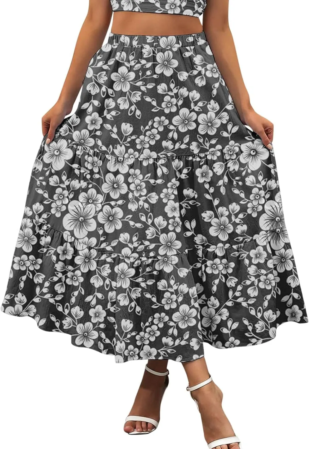 Boho Tiered Maxi Skirt Women Flowy Summer Beach Skirts Elastic Waistband Midi Skirt Floral Pleated A Line Skirt with Pockets
