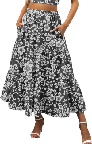 Boho Tiered Maxi Skirt Women Flowy Summer Beach Skirts Elastic Waistband Midi Skirt Floral Pleated A Line Skirt with Pockets