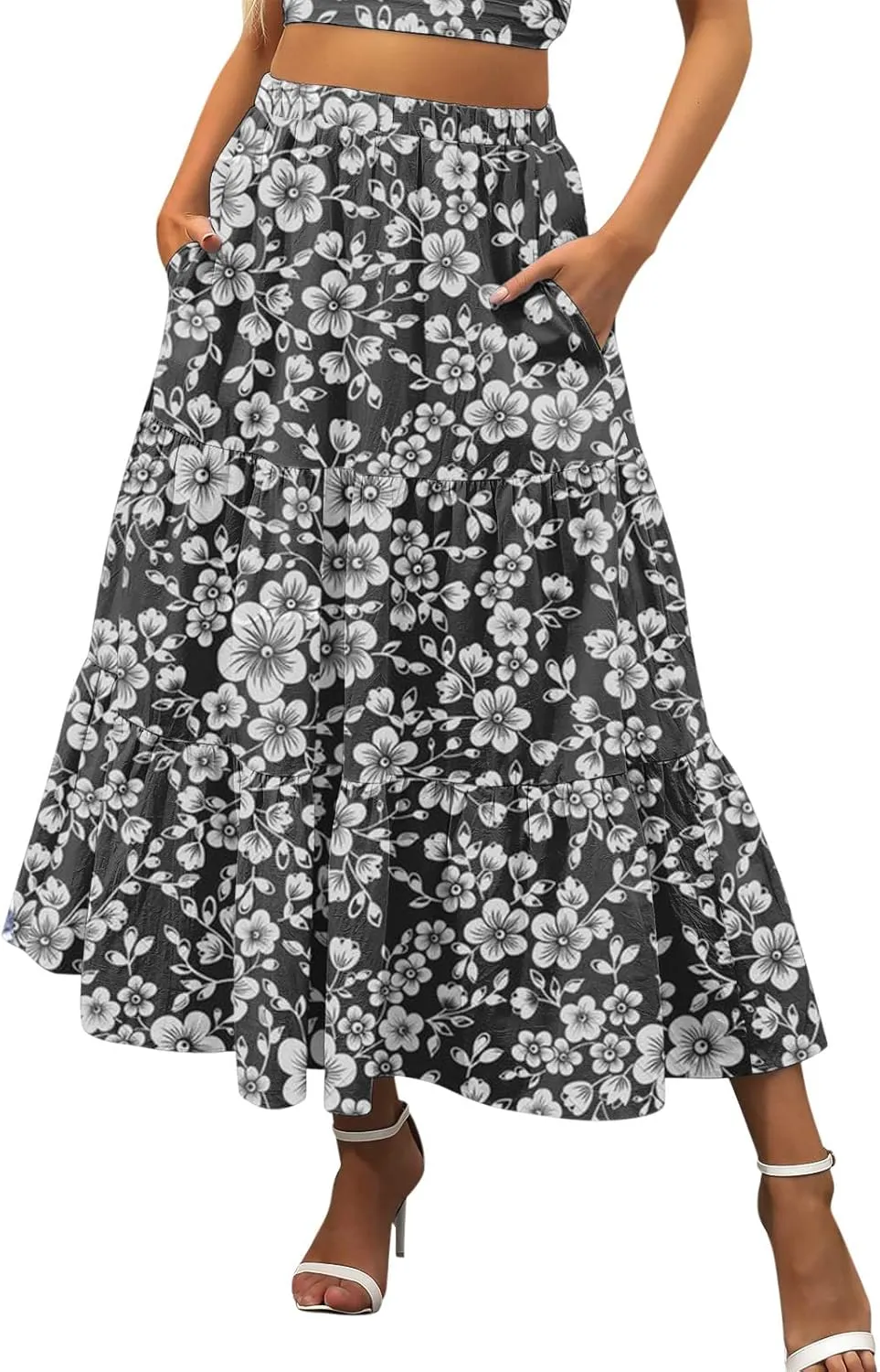 Boho Tiered Maxi Skirt Women Flowy Summer Beach Skirts Elastic Waistband Midi Skirt Floral Pleated A Line Skirt with Pockets