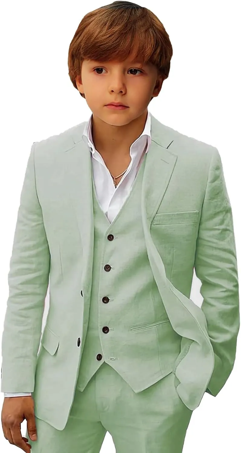Boys Linen Suit Slim Fit Three Piece Summer Linen Suit for Boys Formal Wedding Outfit Jacket Vest Pant Set