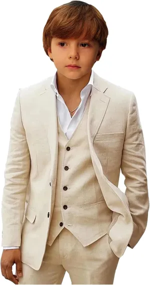 Boys Linen Suit Slim Fit Three Piece Summer Linen Suit for Boys Formal Wedding Outfit Jacket Vest Pant Set