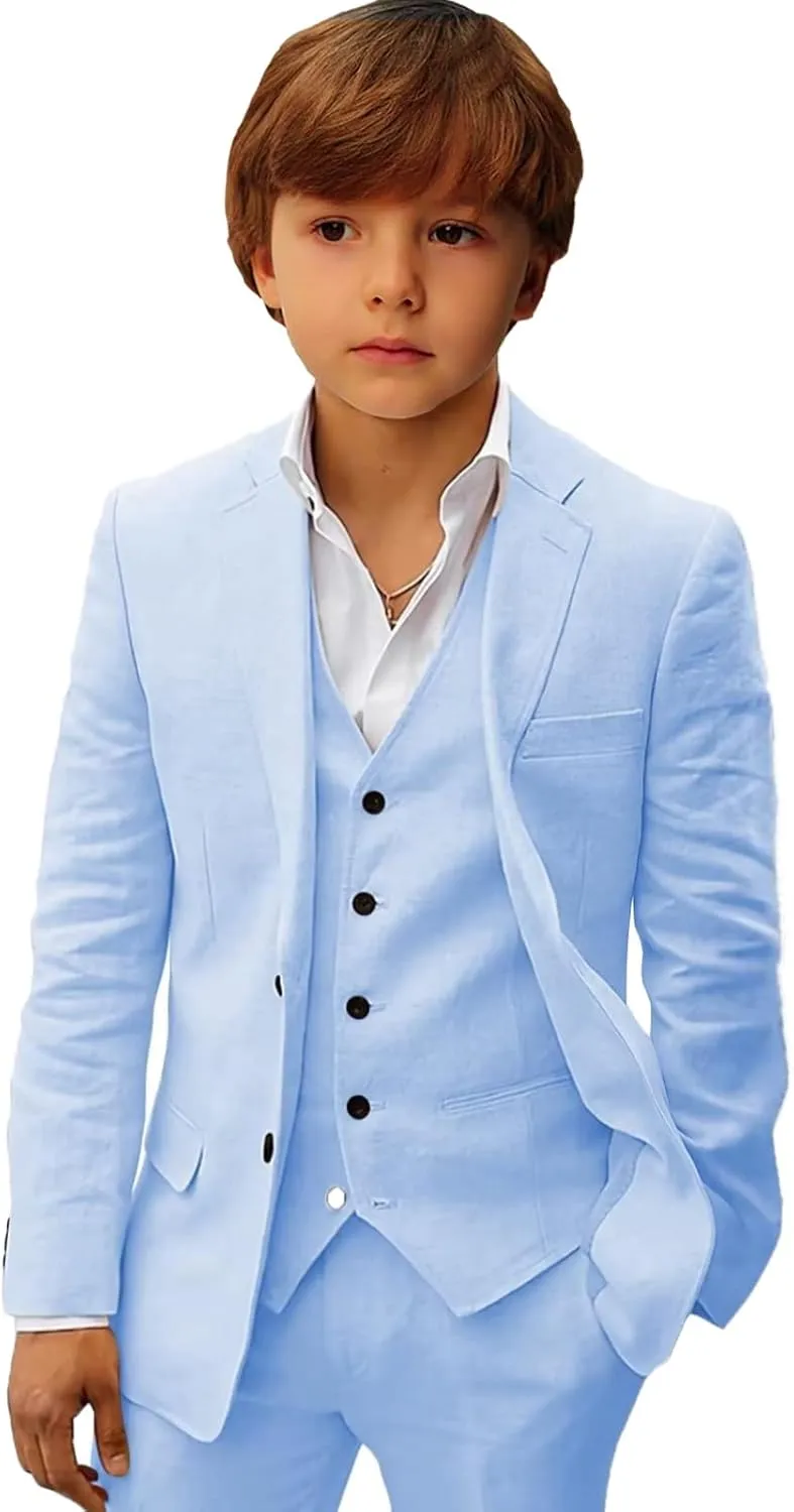 Boys Linen Suit Slim Fit Three Piece Summer Linen Suit for Boys Formal Wedding Outfit Jacket Vest Pant Set