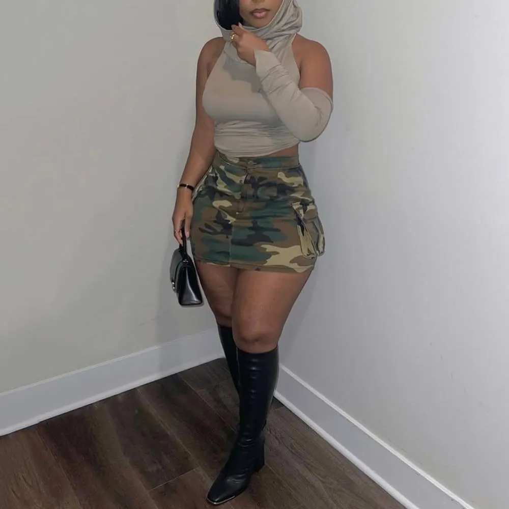 Camo Cargo Skirts for Women - High Waist Slit Bodycon Camouflage Denim Jean Skirt with Pocket Streetwear