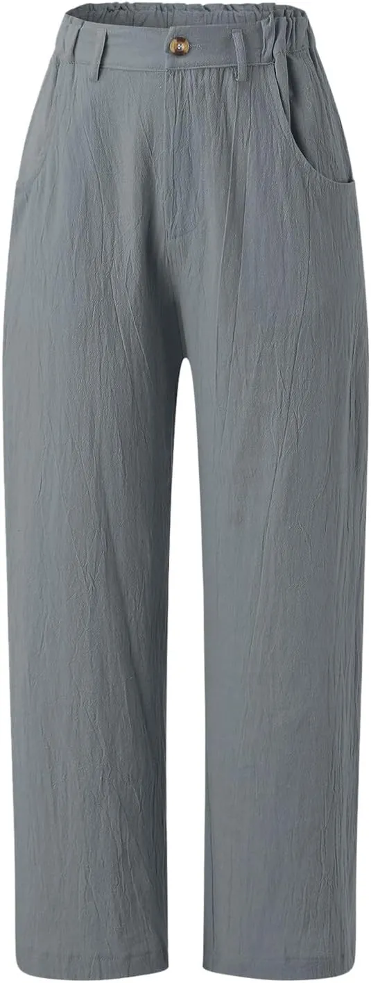 Capri Linen Pants for Women 2025 Summer Trendy Elastic High Waist Straight Leg Casual Pants Stretchy Loose Trousers
